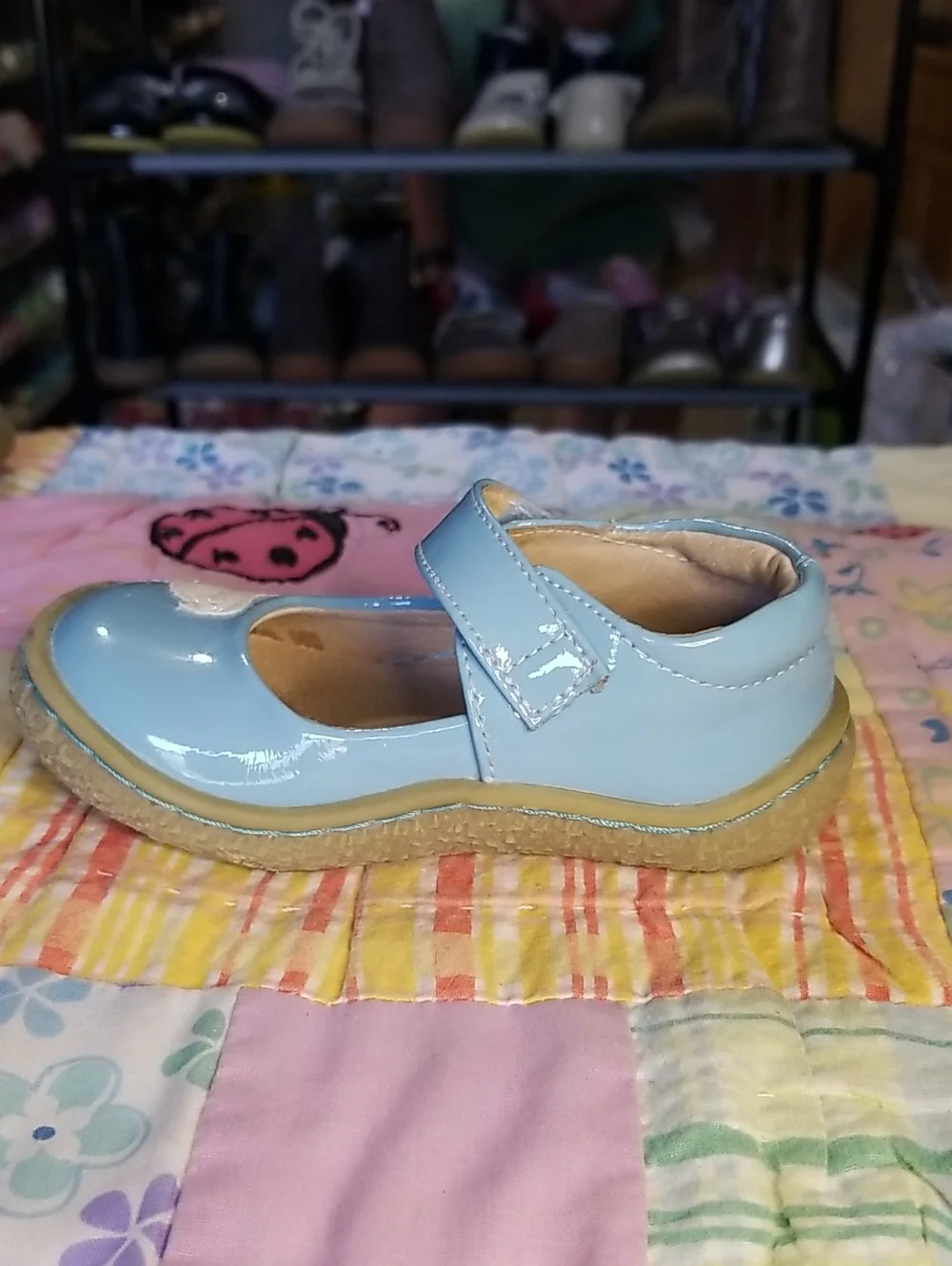 Livie & Luca Light Blue Patent Leather Mary Janes with White Glitter Bird Size 6